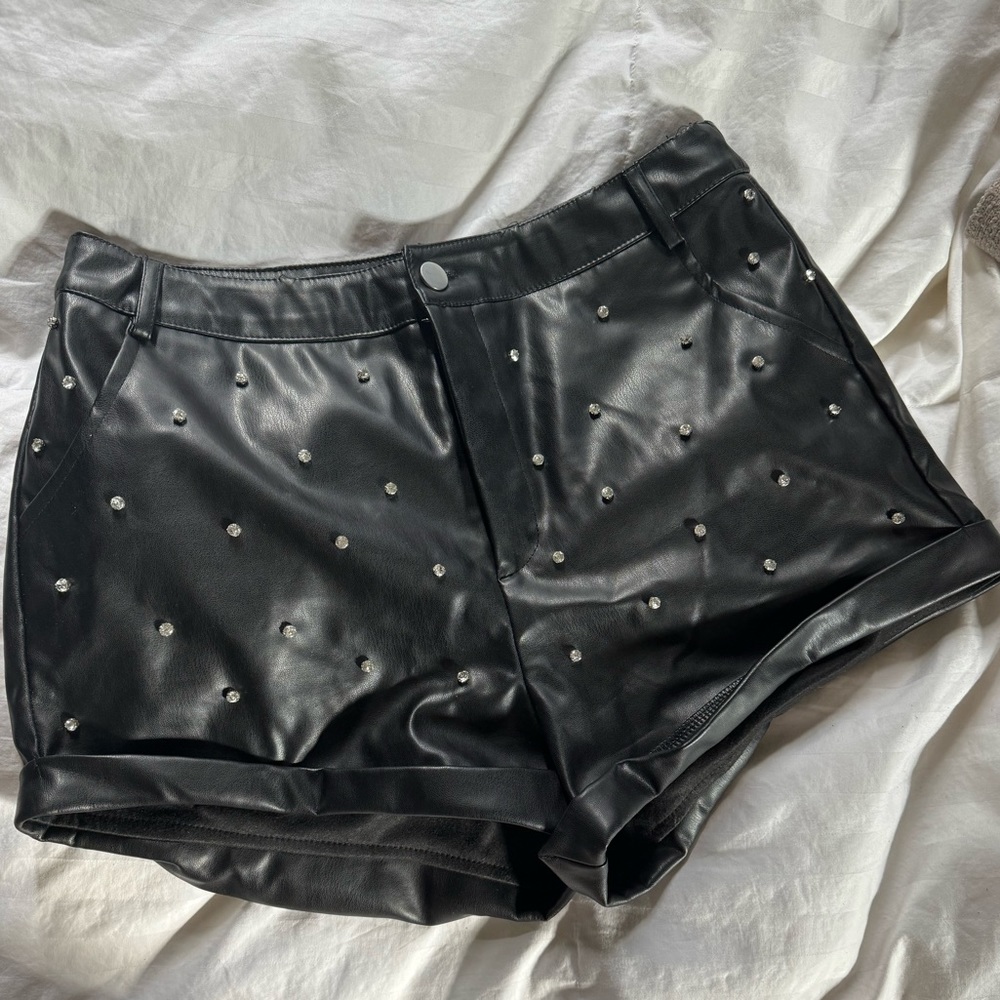 Black faux leather jeweled shorts